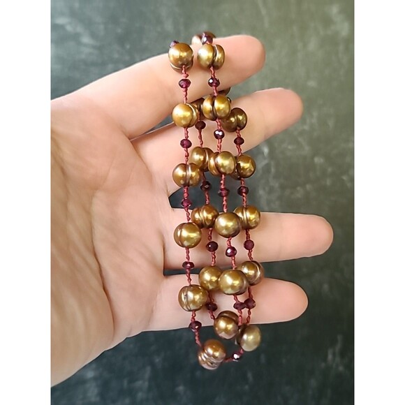 925 Sterling Silver Heart Shaped Clasp Garnet & Pearl Station Necklace Vintage - Picture 4 of 10